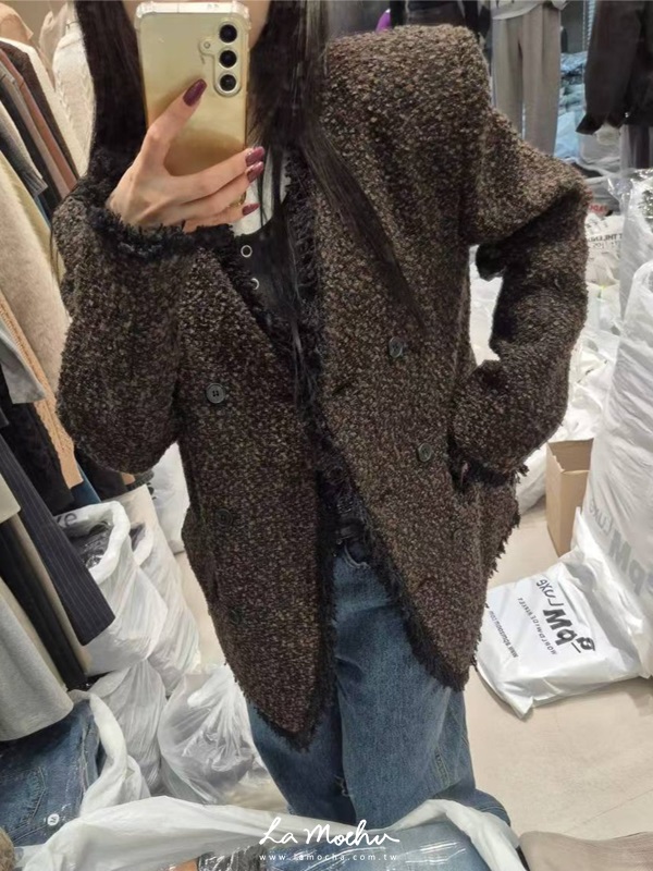 小香風無領毛邊外套